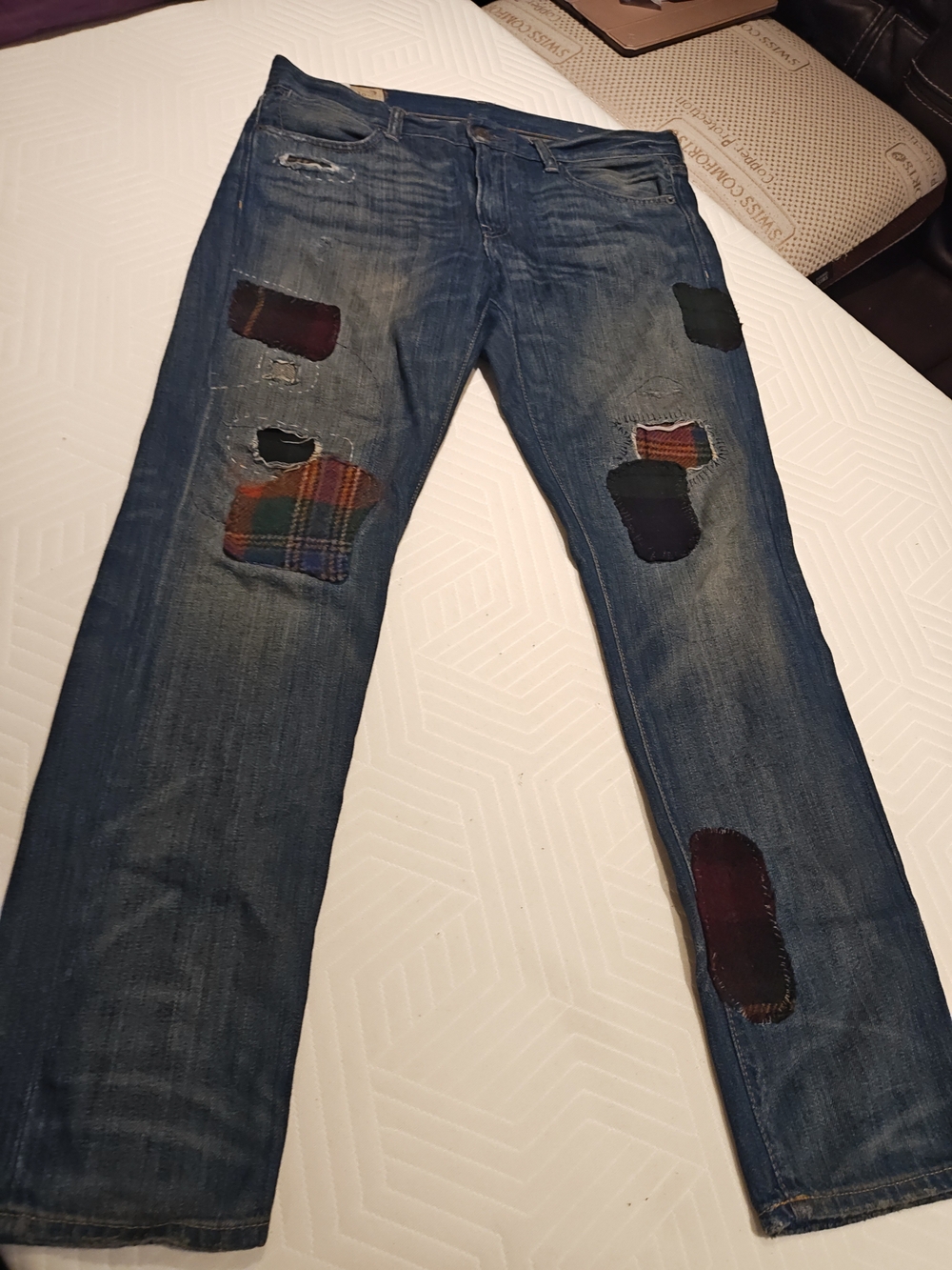 Polo by Ralph Lauren Slim Straight Distressed Blue Jeans with Plaid Patches - Picture 14 of 16
